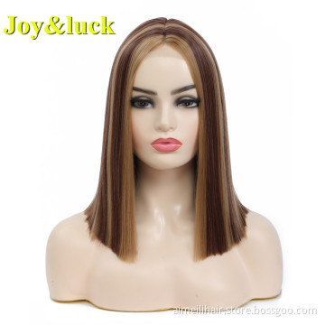 Wholesale Piano Wig Brown Highlight Blonde Front Lace Middle Part Short Bob Cut Natural Straight Lace Front Synthetic Hair Wigs